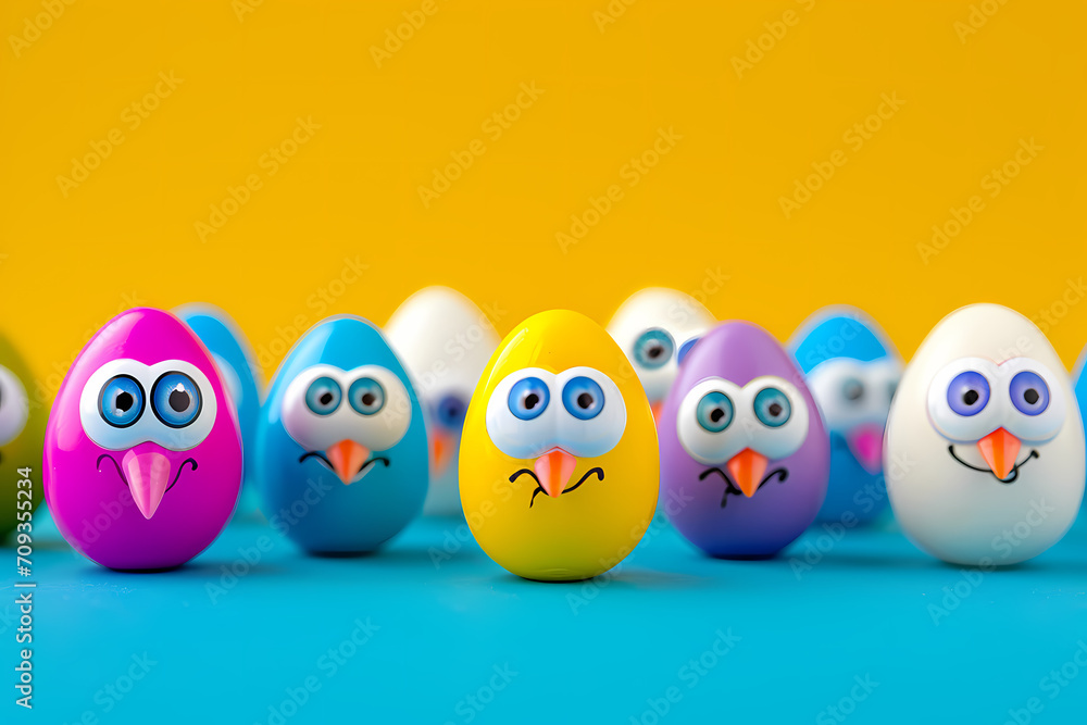 Fanny colorful easter eggs in a row. Generative ai Fanny colorful easter eggs in a row. Generative ai
