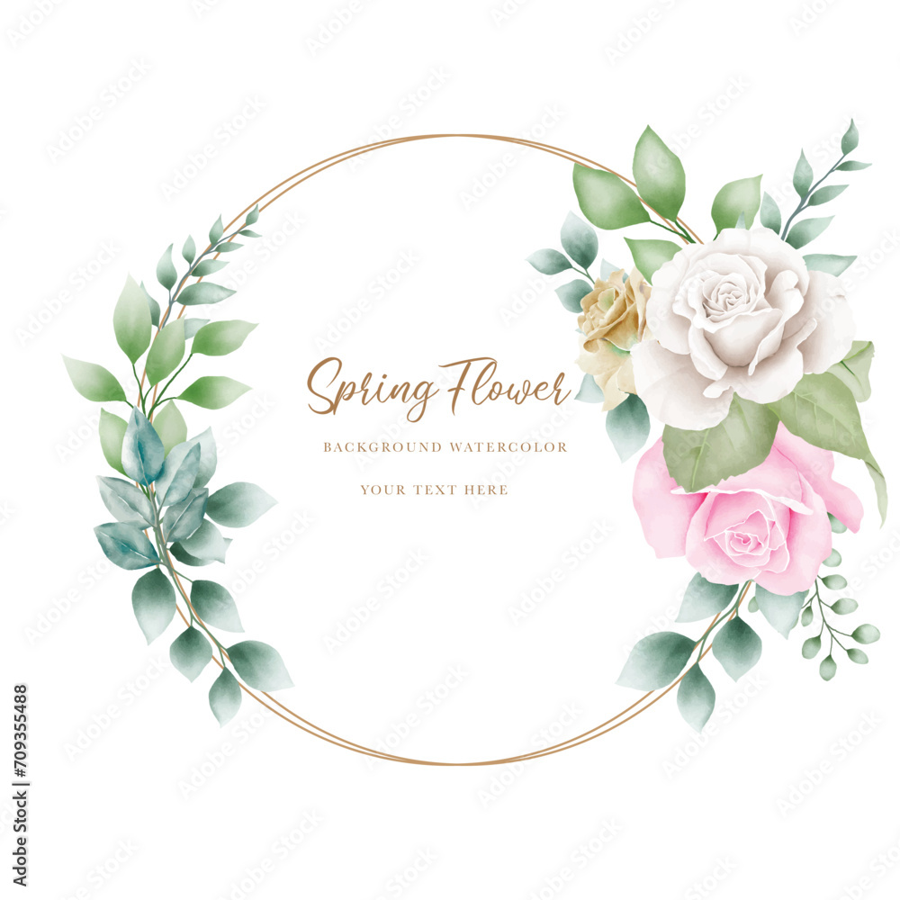 Watercolor pink floral wreath with golden circle