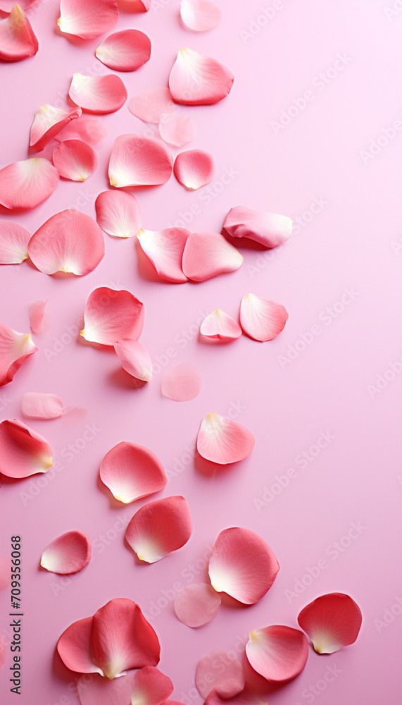 vertical image of rose petals scattered like confetti with copy space to put a Valentine's Day concept text. Image created by AI