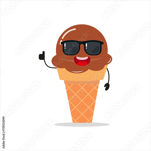 Cute happy chocolate ice cream wear sunglasses. Funny dessert greet friend cartoon emoticon in flat style. gelato vector illustration