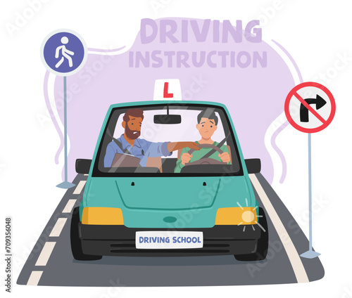 Instructor Guides Man Through The Basics Of Driving, Imparting Essential Skills And Knowledge, Vector