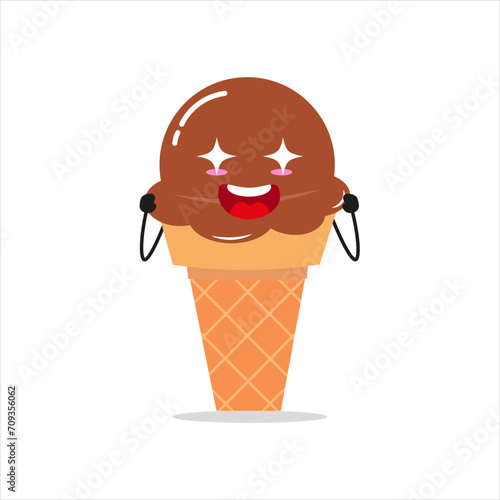 Cute excited chocolate ice cream. Funny electrifying dessert cartoon emoticon in flat style. gelato vector illustration