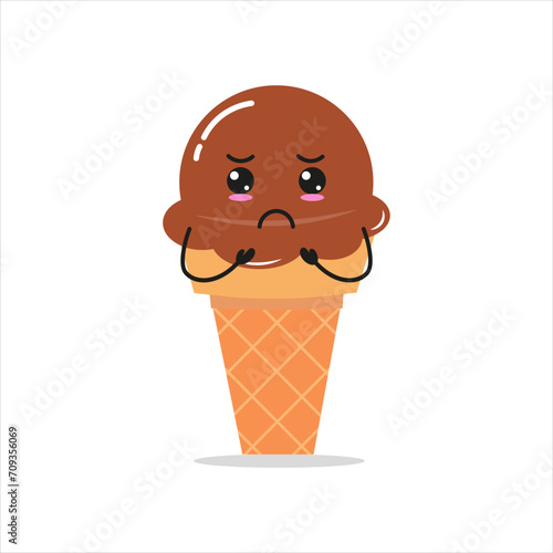 Cute sad chocolate ice cream. Funny unhappy dessert cartoon emoticon in flat style. gelato vector illustration
