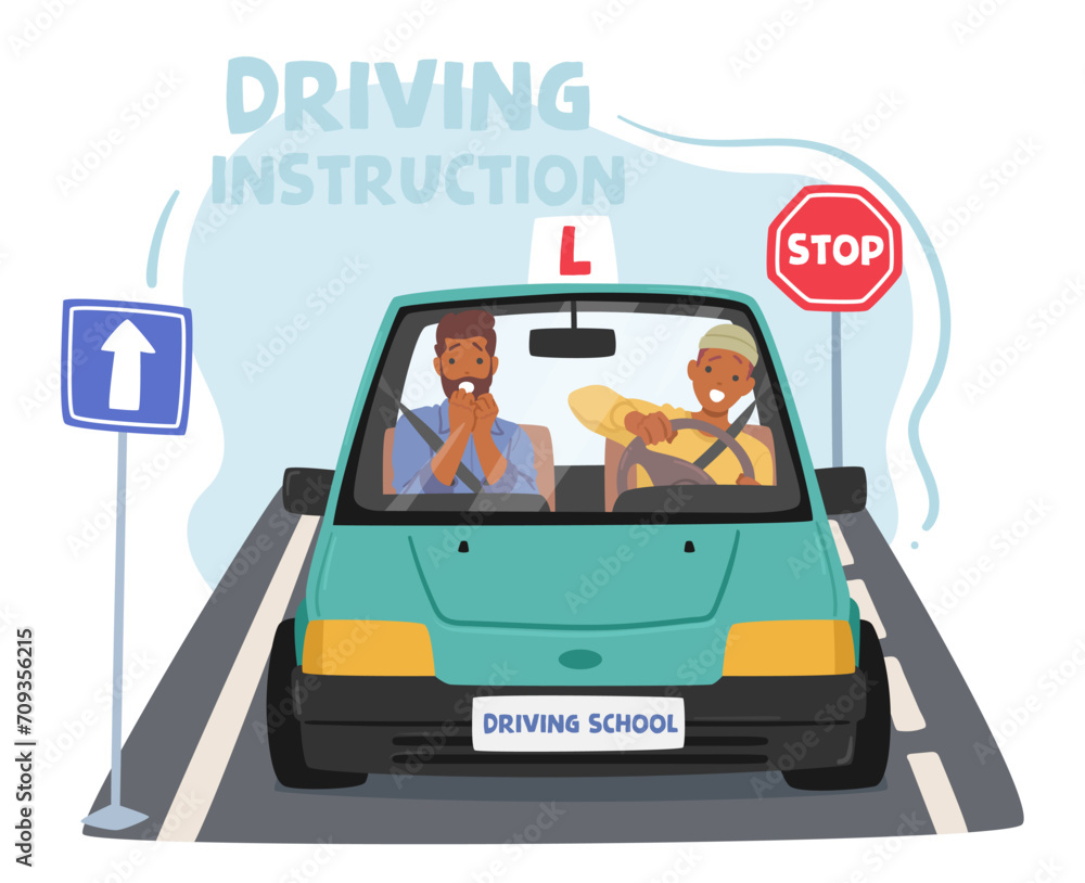 Instructor Guides Novice, Imparting Essential Driving Skills. Patiently Explains Rules, Maneuvers, Vector Illustration Instructor Guides Novice, Imparting Essential Driving Skills. Patiently Explains Rules, Maneuvers, Vector Illustration