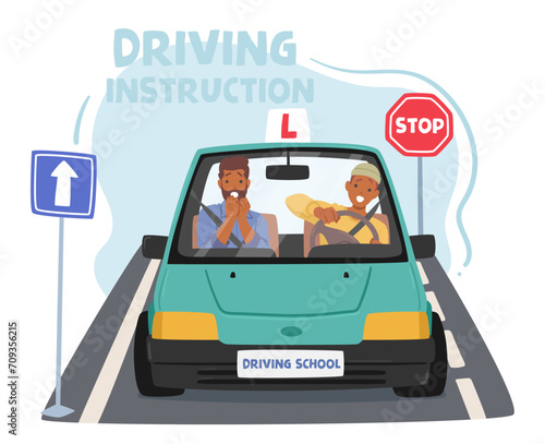 Instructor Guides Novice, Imparting Essential Driving Skills. Patiently Explains Rules, Maneuvers, Vector Illustration