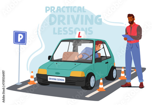 Instructor Guides Man Through Precise Parking Maneuvers, Emphasizing Spatial Awareness And Control At The Driving School