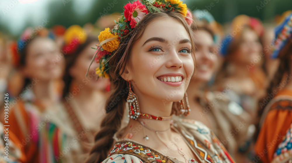 Traditional Slavic dressed woman dancing at an outdoor festival. Traditional Slavic dressed woman dancing at an outdoor festival.