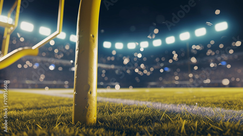 American football arena with yellow goal post, grass field and blurred fans. AI Generative photo