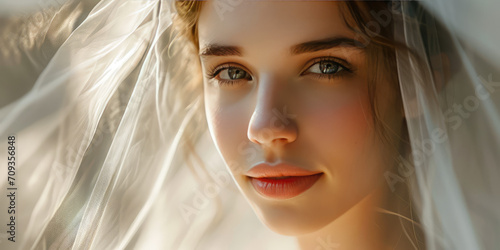 Bridal Elegance in Veil. Young smiling woman portrait. Close-up of a bride's gaze through her delicate veil, highlighting her eyes.