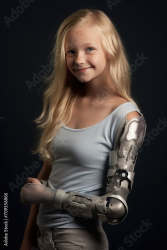 Young girl confidently with technologically advanced prosthetic arm. Integrates natural movement, symbolizing resilience, empowerment, intersection of humanity with cutting-edge assistive technology.
