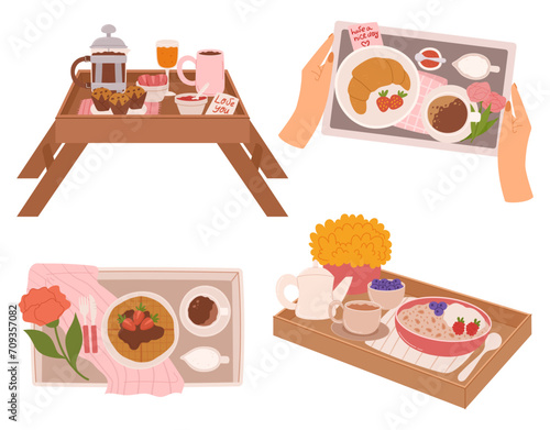 Breakfast In Bed With A Charming Tables Featuring A Steaming Cup Of Coffee, Fresh Pastries, Vibrant Fruits