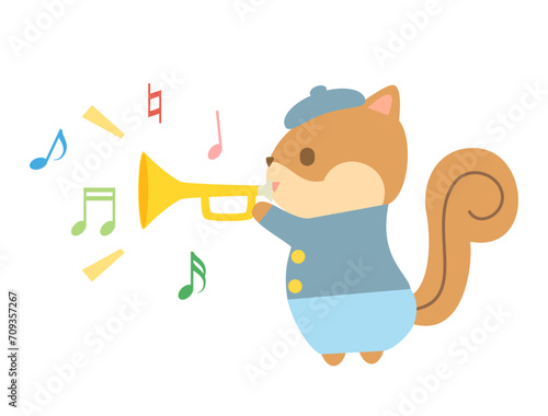 ラッパを吹くリスのイラスト 音符ありバージョン