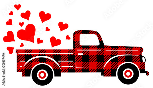 Red buffalo plaid Valentine's day truck with hearts. Red Truck, Happy Valentines Day, Truck. Vector illustration on a transparent background. Cute Valentine truck clipart perfect for t-shirts, cards