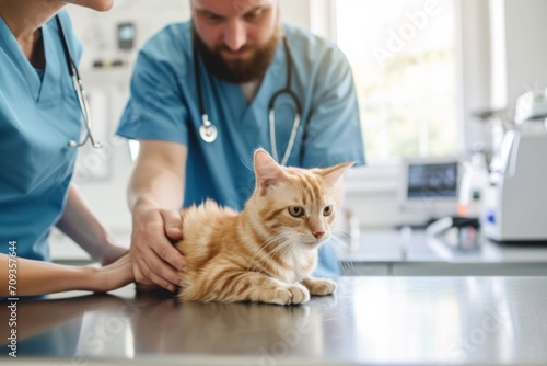 Veterinarian in a clinic  gently examining a cat on an examination table. Generative AI.