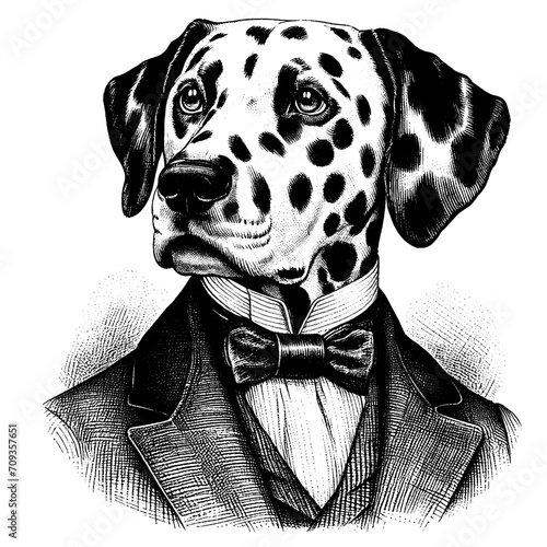 Portrait of a Victorian Dalmatian. Hand Drawn Engraving Pen and Ink. Vector Isolated in White. Engraving vintage style illustration for print, tattoo, t-shirt, coloring book
