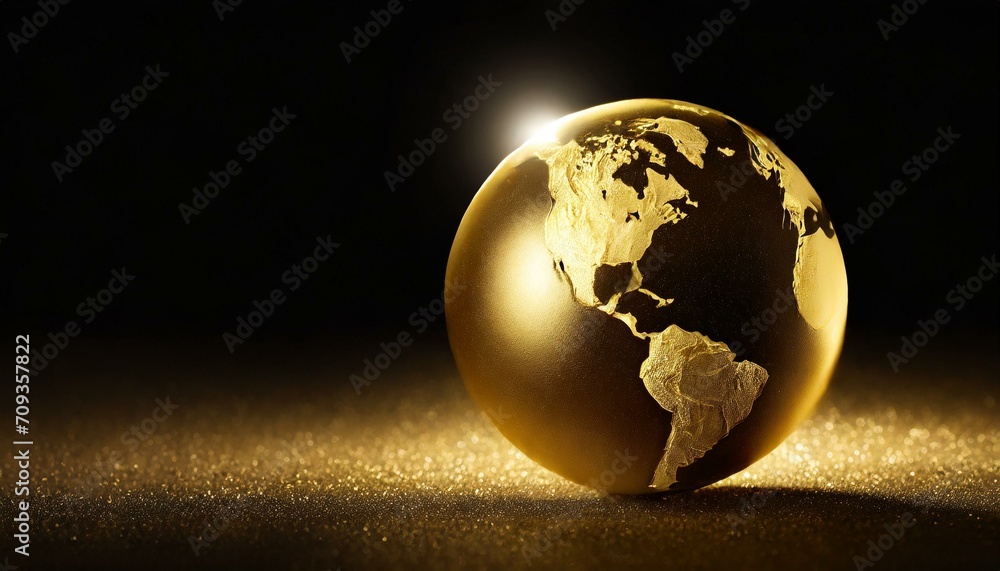 golden earth ball in front of universe, black background