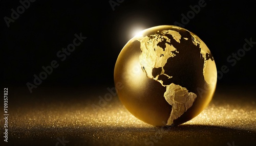 golden earth ball in front of universe, black background