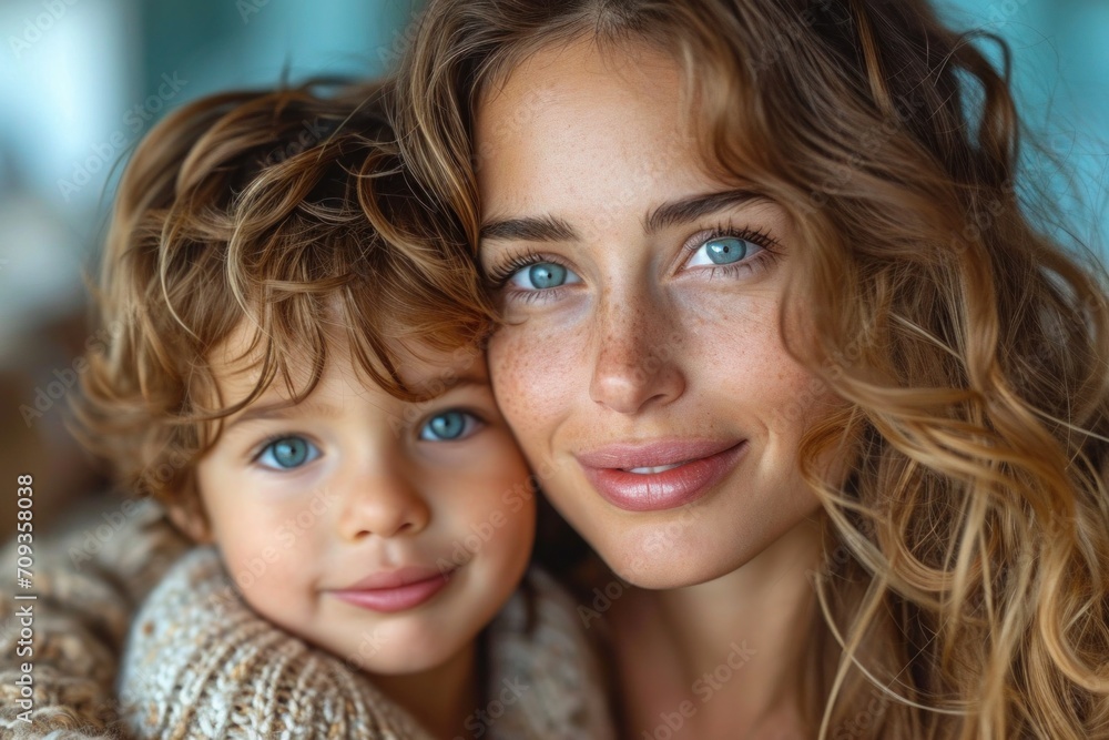 Mother and son share a moment of serenity, their blue eyes telling a story of love, mother and son portraits, family love, Women´s and Mother´s day