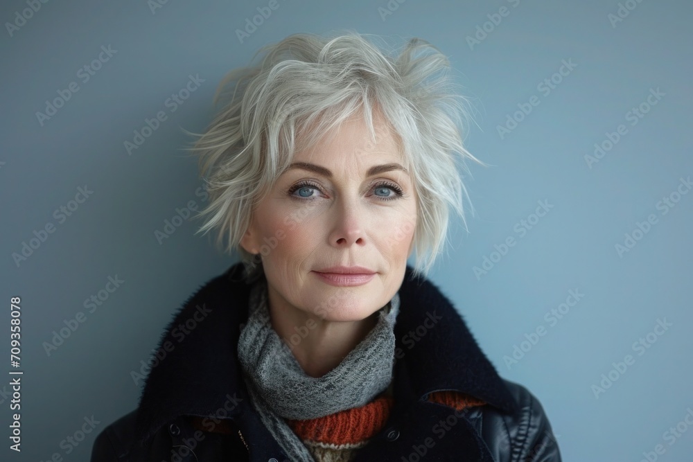 A contemplative senior woman in chic winter fashion, exuding relaxed elegance. Silver hair women on light blue background, Women´s and Mother´s day A contemplative senior woman in chic winter fashion, exuding relaxed elegance. Silver hair women on light blue background, Women´s and Mother´s day