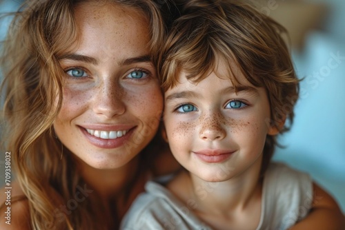 Mother and son share a tender moment with matching blue eyes, Women´s and Mother´s day