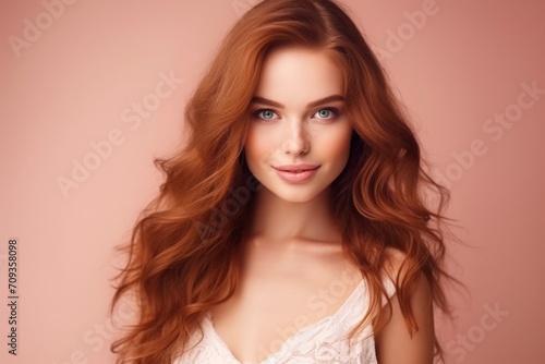 Bold and stylish, a radiant young woman with striking red locks. Young women with red long hair on the pink background
