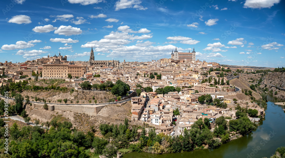 Aerial view of the old on the hill of Toledo, Spain on a sunny day