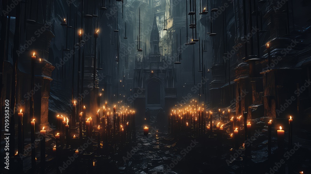 Mystical Lighting: The majestic cathedral glows with hundreds of candles, casting shadows and light on the majestic architecture