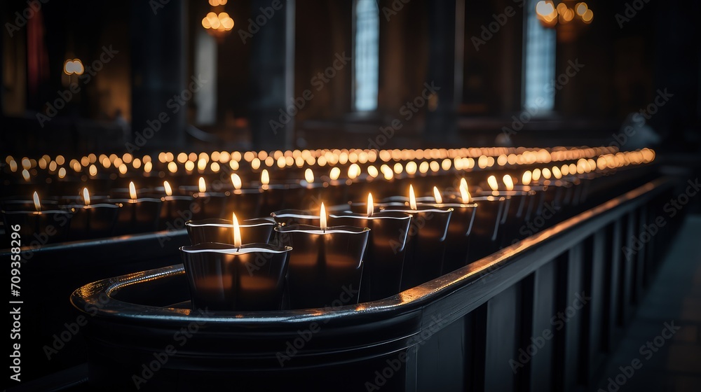 a huge number of lit candles arranged in neat rows. Repeating pattern created by rows of candles