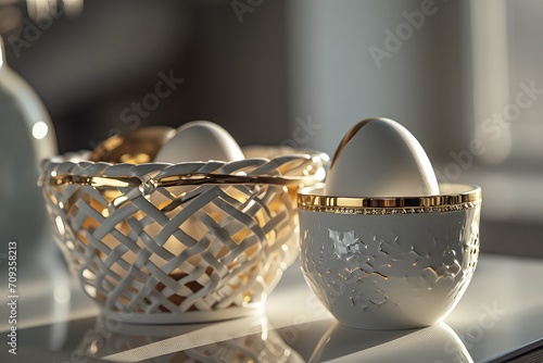 eggs delicately arranged in ornate gold egg cups on an antique wooden tray. photo