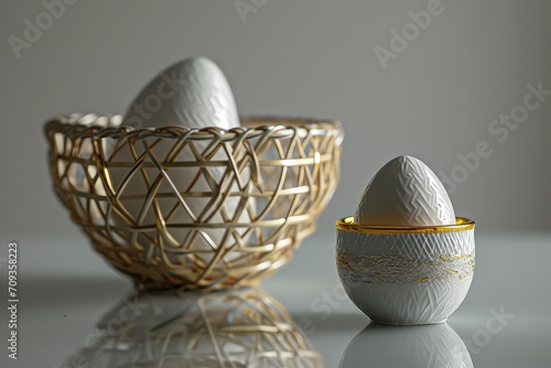 eggs delicately arranged in ornate gold egg cups on an antique wooden tray.