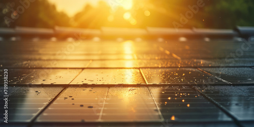 Sunset Gleam on Wet Solar Panels in the evening. Closeup Solar panels with raindrops outside the house, roof.