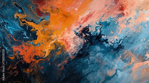 A vibrant clash of colors: a mesmerizing abstract acrylic painting that captures the dynamic interplay of fiery orange and cool blue