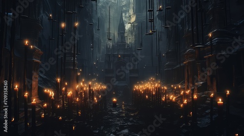 Mystical Lighting: The majestic cathedral glows with hundreds of candles, casting shadows and light on the majestic architecture