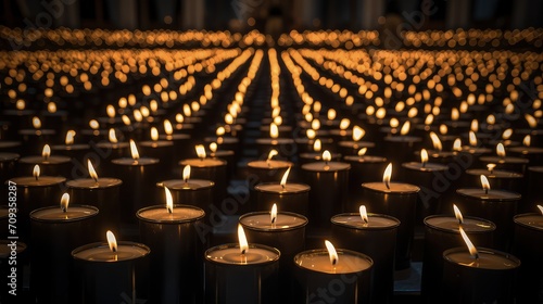 a huge number of lit candles arranged in neat rows. Repeating pattern created by rows of candles