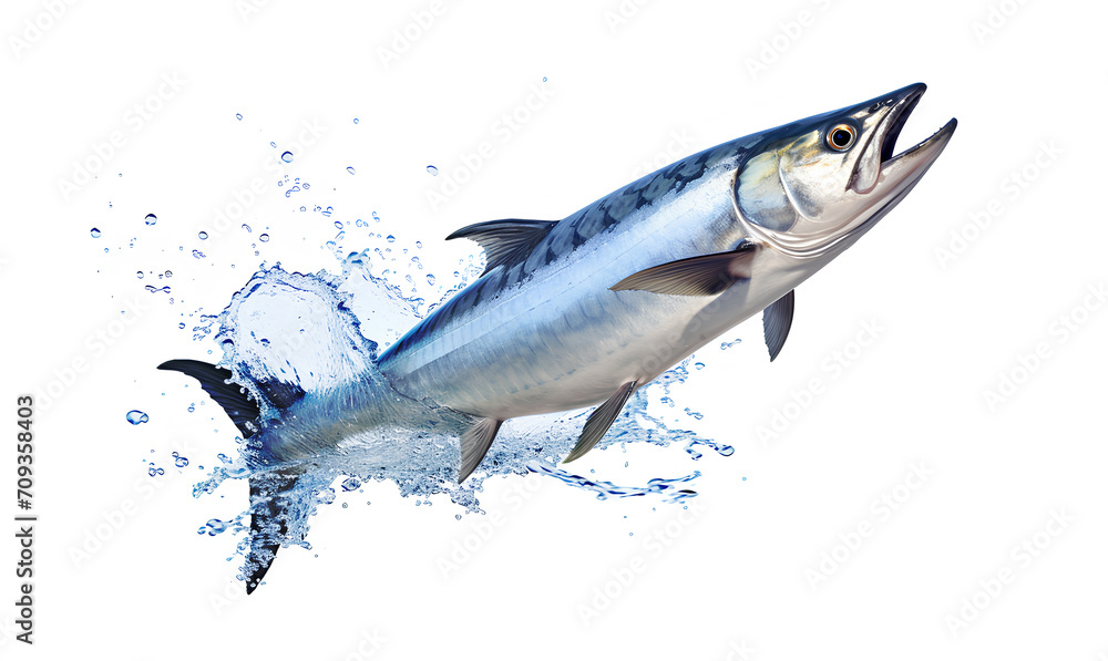 Obraz premium Fresh mackerel with a splash of water, isolated on a white background.