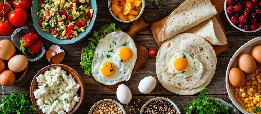 Nourishing meal or snack for tortilla wraps, eggs, cottage cheese, fruits, and veggies. - obrazy, fototapety, plakaty 