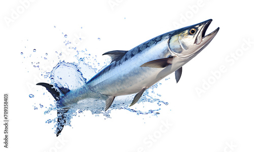  Fresh mackerel with a splash of water, isolated on a white background.