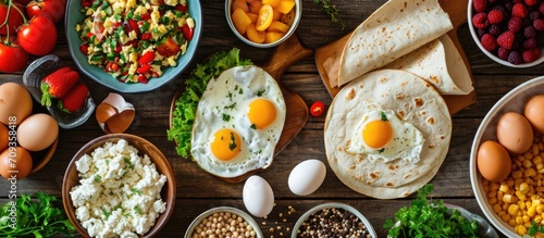 Nourishing meal or snack for tortilla wraps, eggs, cottage cheese, fruits, and veggies.