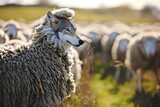 A cunning wolf, disguised in sheep's clothing, subtly blends in with a quiet flock, trying to deceive one of the sheep