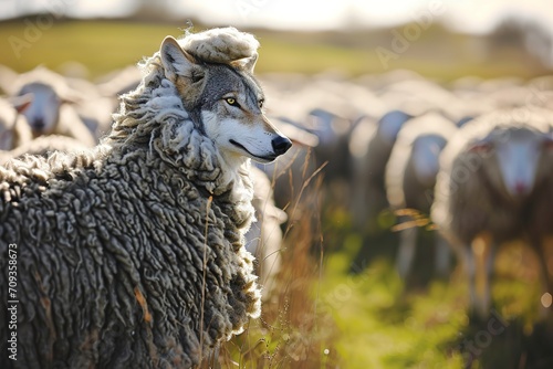 Fotomurale A cunning wolf, disguised in sheep's clothing, subtly blends in with a quiet flo