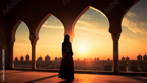Silhouette of a Persian woman in national dress against the background of traditional Iranian architecture. The sun has set. Iran. Kashan, copy space - generative ai photo