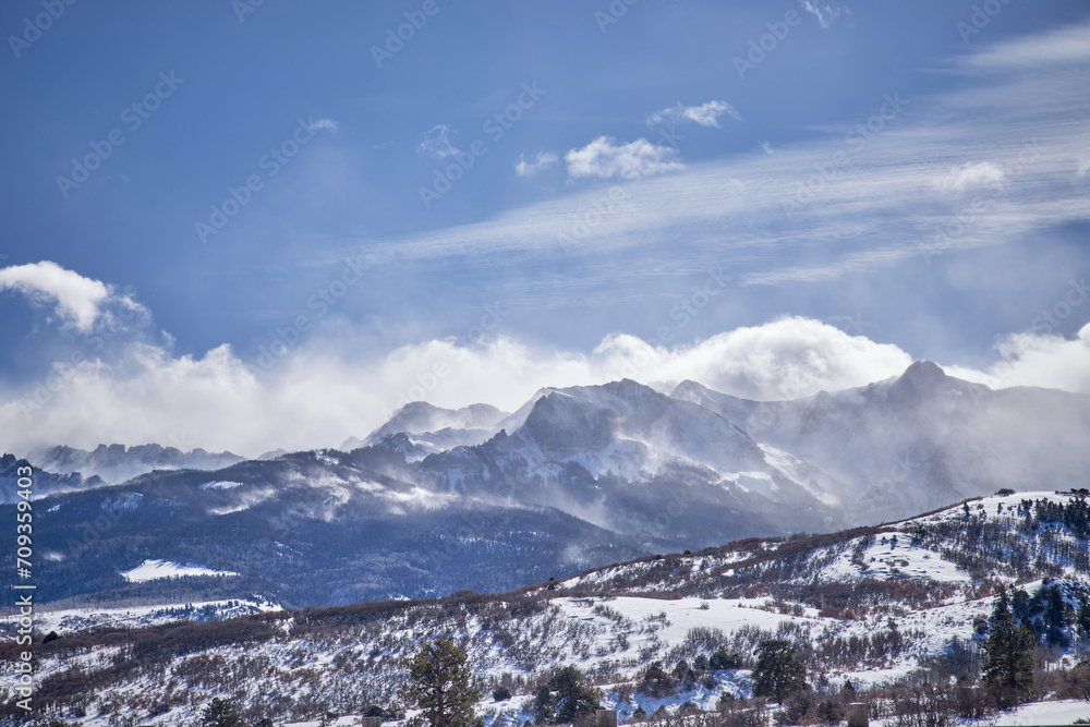 Colorado, Dallas Divide, Mt. Snuffles mountains in a blowing winter snow storm