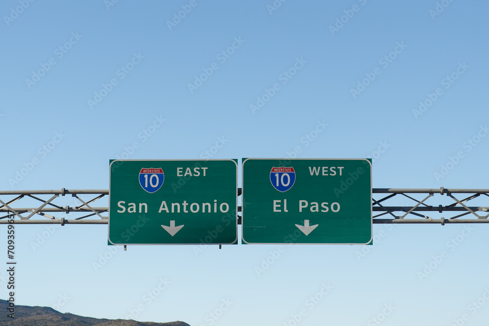 signs in Fort Davis, Texas on Interstate 20 for Interstate 10 East toward San Antonia and West toward El Paso