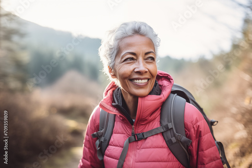 bright cold day with brown skin smiling female senior in puffy pink jacket with backpack