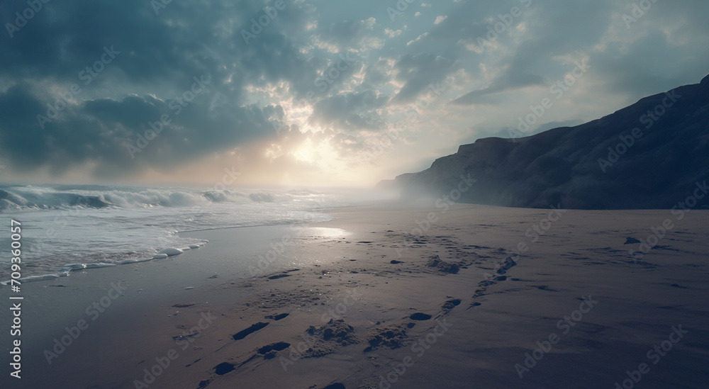 Tranquil Serenity by the Seaside: A Peaceful Coastal Scene on a Calm Cloudy Day, Featuring a Beautiful Sandy Beach with Gentle Waves, Inviting Relaxation, Meditation, and Connection with Nature