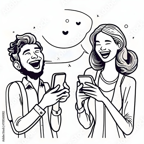 Young man and woman using their smartphone. Colorful vector illustration. 