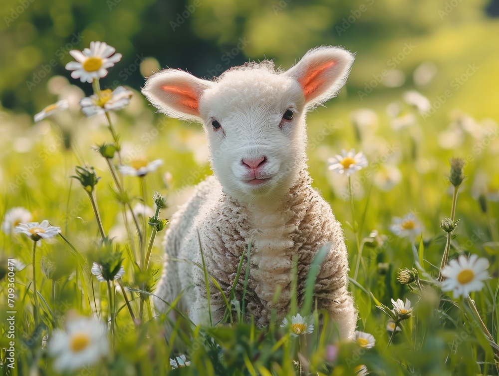 A playful lamb frolicking in a spring field, its white wool contrasting with the vibrant greens and yellows of the landscape A playful lamb frolicking in a spring field, its white wool contrasting with the vibrant greens and yellows of the landscape