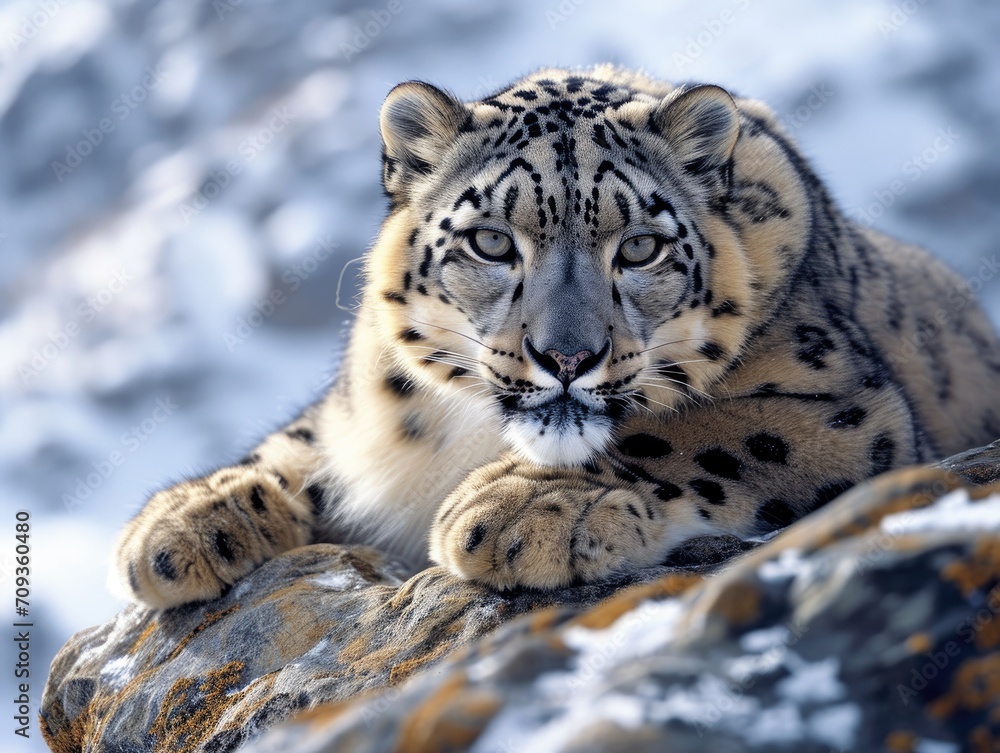 A photograph of a majestic snow leopard in its natural habitat, its thick fur and distinctive spots blending with the snowy mountain terrain.