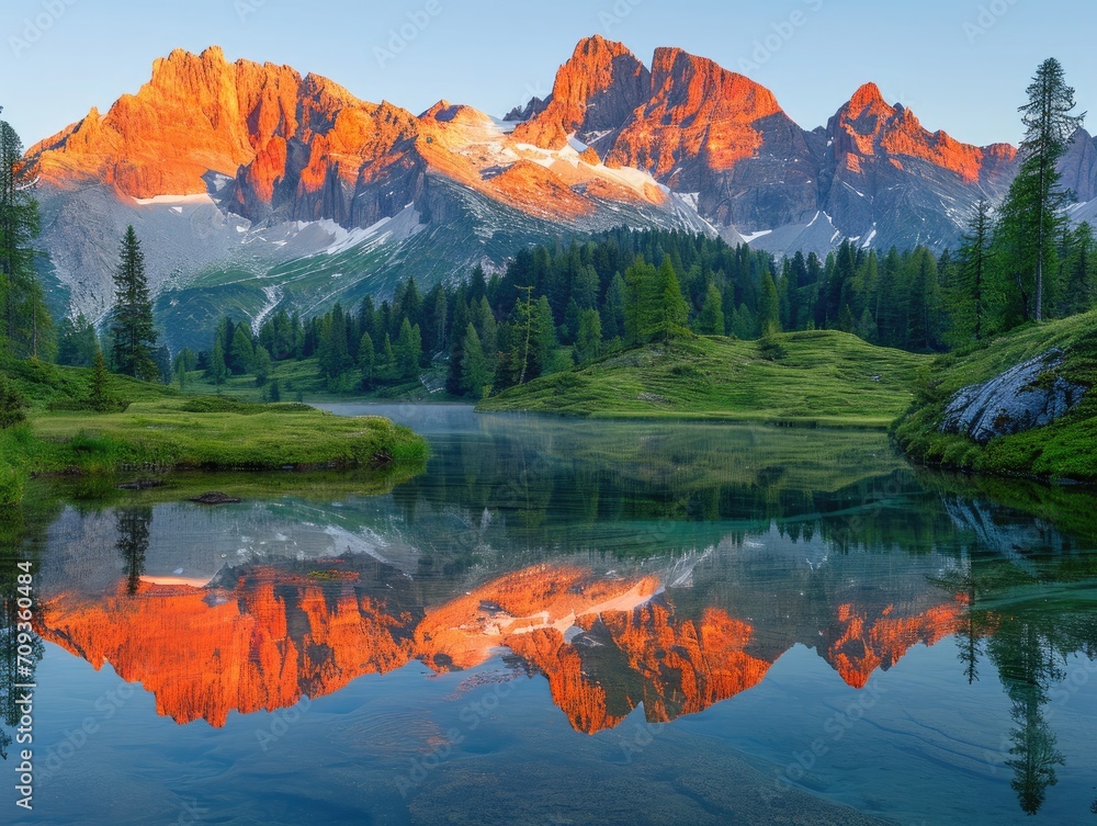 A photograph of a serene mountain landscape at sunrise, the first light casting a warm glow on the peaks and valleys