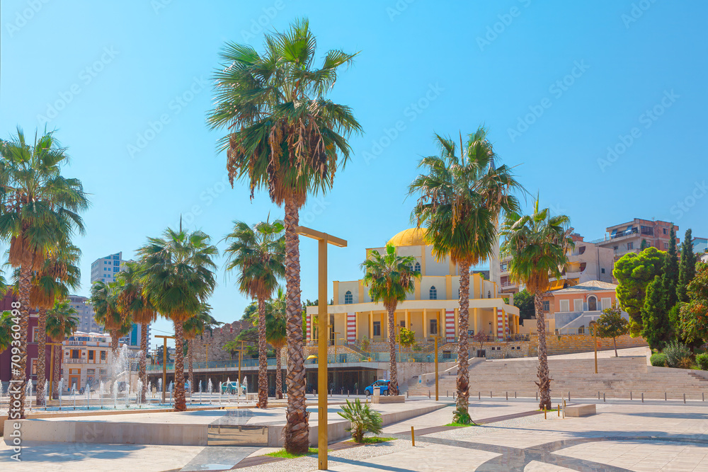  Sheshi Liria Town Square in Durres Albania . Town square with palm trees